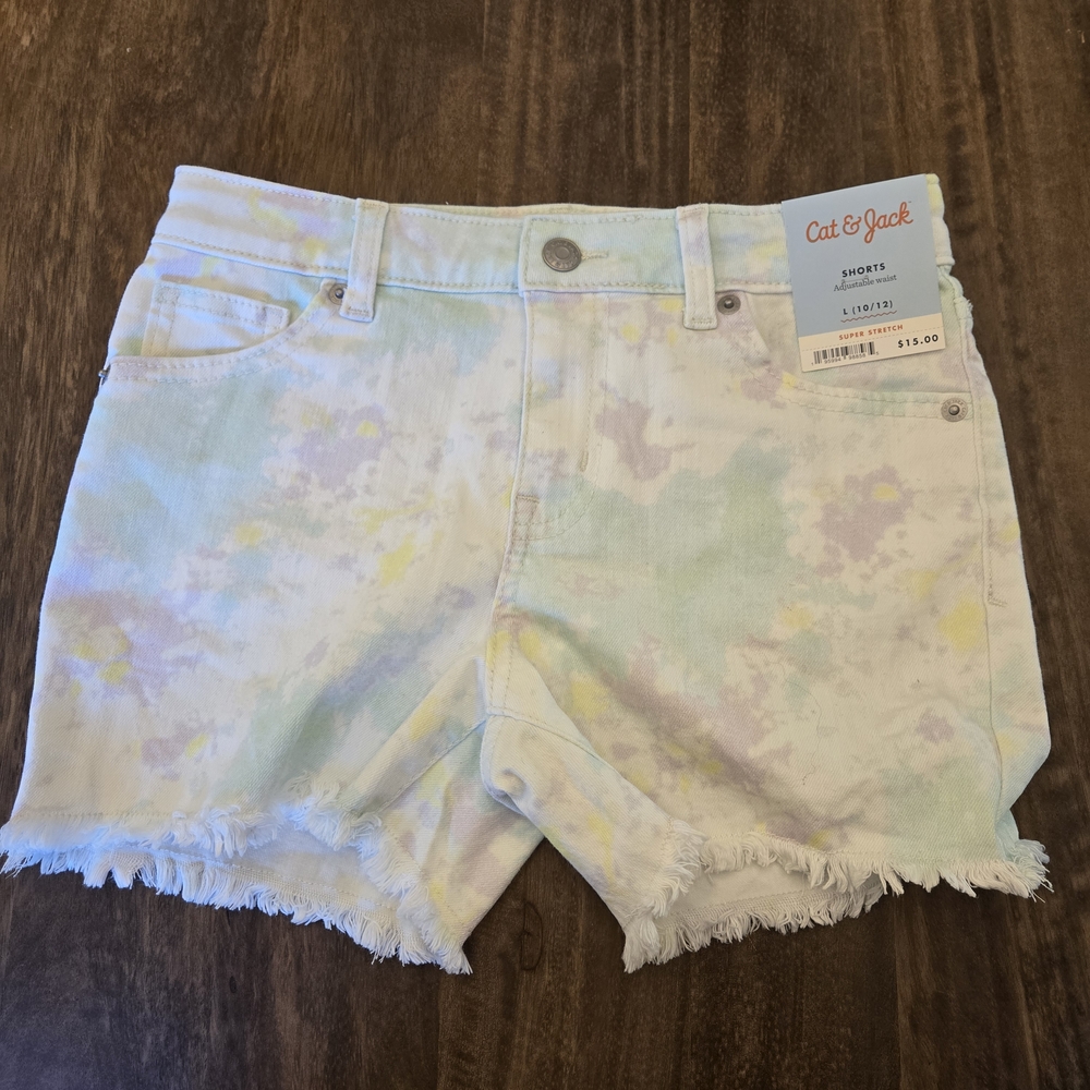 Nwt Cat & Jack White and Pastel Colors Tie-Dye Jean Shorts Distressed Frayed Hem